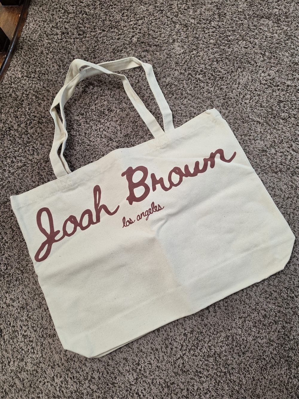 Joah Brown Cream Canvas Tote with Cherry Brown Script Logo